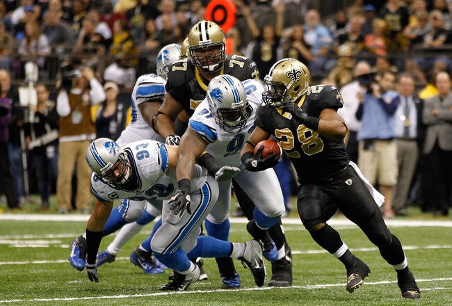 NEW ORLEANS, LA - DECEMBER 04:  Running back Mark Ingram #28 of the New Orleans Saints rushes with the ball against the Detroit Lions at Mercedes-Benz Superdome on December 4, 2011 in New Orleans, Louisiana.  (Photo by Chris Graythen/Getty Images)