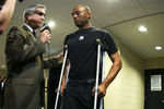 KANSAS CITY, MO - MAY 4:  Mariano Rivera #42 of the New York Yankees is interviewed outside of team's clubhouse at Kauffman Stadium May 4, 2012 in Kansas City, Missouri. Rivera tore an ACL while shagging balls during batting practice before a game against the Kansas City Royals on May 3.  (Photo by Ed Zurga/Getty Images)