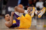LOS ANGELES, CA - MAY 12:  Ramon Sessions #7 of the Los Angeles Lakers looks on while lying on his back in the third quarter while taking on the Denver Nuggets in Game Seven of the Western Conference Quarterfinals in the 2012 NBA Playoffs on May 12, 2012 at Staples Center in Los Angeles, California. NOTE TO USER: User expressly acknowledges and agrees that, by downloading and or using this photograph, User is consenting to the terms and conditions of the Getty Images License Agreement.  (Photo by Harry How/Getty Images)