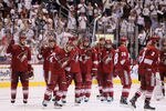 GLENDALE, AZ - MAY 22:  The Phoenix Coyotes salute the crowd after being eliminated from the playoffs in their 4-3 overtime loss to the Los Angeles Kings in Game Five of the Western Conference Final during the 2012 NHL Stanley Cup Playoffs at Jobing.com Arena on May 22, 2012 in Phoenix, Arizona.  (Photo by Jeff Gross/Getty Images)