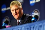 DETROIT - APRIL 06:  Larry Bird answers questions with Earvin 'Magic' Johnson (not pictured) during a news conference to relive their 1979 NCAA Championship Game between Indiana State and Michigan State before the 2009 NCAA Division I Men's Basketball National Championship game at Ford Field on April 6, 2009 in Detroit, Michigan.  (Photo by Gregory Shamus/Getty Images)