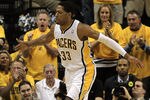 INDIANAPOLIS, IN - MAY 17: Danny Granger #33 of the Indiana Pacers celebrates a shot against the Miami Heat in Game Three of the Eastern Conference Semifinals in the 2012 NBA Playoffs at Bankers Life Fieldhouse on May 17, 2012 in Indianapolis, Indiana. The Pacers defeated the Heat 94-75. NOTE TO USER: User expressly acknowledges and agrees that, by downloading and/or using this photograph, User is consenting to the terms and conditions of the Getty Images License Agreement. (Photo by Jonathan Daniel/Getty Images)