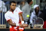 ROME, ITALY - MAY 17:  Jo-Wilfried Tsonga of France plays a backhand in his match against Juan Martin Del Potro of Argentina during day six of the Internazionali BNL d'Italia 2012 Tennis on May 17, 2012 in Rome, Italy.  (Photo by Julian Finney/Getty Images)