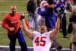 INDIANAPOLIS, IN - FEBRUARY 05:  Henry Hynoski #45 of the New York Giants celebrates after defeating the New England Patriots in Super Bowl XLVI at Lucas Oil Stadium on February 5, 2012 in Indianapolis, Indiana. The New York Giants defeated the New England Patriots 21-17.  (Photo by Chris Trotman/Getty Images)