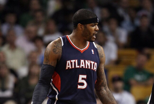 BOSTON, MA - MAY 10:  Josh Smith #5 of the Atlanta Hawks reacts to a call in the second half against the Boston Celtics in Game Six of the Eastern Conference Quarterfinals in the 2012 NBA Playoffs on May 10, 2012 at TD Garden in Boston, Massachusetts. The Boston Celtics defeated the Atlanta Hawks 83-80. NOTE TO USER: User expressly acknowledges and agrees that, by downloading and or using this photograph, User is consenting to the terms and conditions of the Getty Images License Agreement.  (Photo by Elsa/Getty Images)