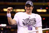 INDIANAPOLIS, IN - FEBRUARY 05:  Eli Manning #10 of the New York Giants celebrates after the Giants won 21-17 against the New England Patriots during Super Bowl XLVI at Lucas Oil Stadium on February 5, 2012 in Indianapolis, Indiana.  (Photo by Al Bello/Getty Images)