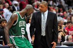 ATLANTA, GA - APRIL 29:  Coach Doc Rivers talks to Kevin Garnett #5 of the Boston Celtics during the closing seconds of a loss to the Atlanta Hawks in Game One of the Eastern Conference Quarterfinals in the 2012 NBA Playoffs on April 29, 2012 at Philips Arena in Atlanta, Georgia. The Hawks won 83-74. NOTE TO USER: User expressly acknowledges and agrees that, by downloading and or using this photograph, User is consenting to the terms and conditions of the Getty Images License Agreement.  (Photo by Grant Halverson/Getty Images)