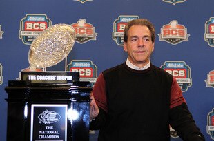 NEW ORLEANS, LA - JANUARY 10:  Head coach Nick Saban of the Alabama Crimson Tide stands next to The Coaches' Trophy which signifies the national champion after defeating Louisiana State University Tigers in the 2012 Allstate BCS National Championship Game during a press conference on January 10, 2012 in New Orleans, Louisiana.  (Photo by Andy Lyons/Getty Images)