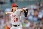 MINNEAPOLIS, MN - MAY 7: Jered Weaver #36 of the Los Angeles Angels of Anaheim delivers a pitch against the Minnesota Twins during the first inning on May 7, 2012 at Target Field in Minneapolis, Minnesota. (Photo by Hannah Foslien/Getty Images)