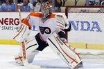 PITTSBURGH, PA - APRIL 7:  Sergei Bobrovsky #35 of the Philadelphia Flyers protects the net against the Pittsburgh Penguins during the game at Consol Energy Center on April 7, 2012 in Pittsburgh, Pennsylvania.  (Photo by Justin K. Aller/Getty Images)