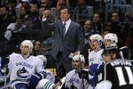 LOS ANGELES, CA - APRIL 18:  Head Coach Alain Vigneault of the Vancouver Canucks react to the officials call during a 3-1 win over the Los Angeles Kings at Staples Center on April 18, 2012 in Los Angeles, California.  (Photo by Harry How/Getty Images)