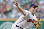 CLEVELAND, OH - MAY 18: Starting pitcher Justin Masterson #63 of the Cleveland Indians warms up prior the the second inning against the Miami Marlins at Progressive Field on May 18, 2012 in Cleveland, Ohio. (Photo by Jason Miller/Getty Images)