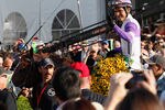 BALTIMORE, MD - MAY 19:  Jockey Mario Gutierrez celebrates in the winners circle after riding I'll Have Another to win the 137th Preakness Stakes at Pimlico Race Course on May 19, 2012 in Baltimore, Maryland.  (Photo by Rob Carr/Getty Images)