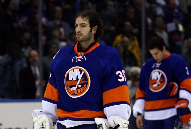 UNIONDALE, NY - MARCH 29:  Goalie Al Montoya #35 of the New York Islanders looks on against the Pittsburgh Penguins at Nassau Veterans Memorial Coliseum on March 29, 2012 in Uniondale, New York.  (Photo by Chris Chambers/Getty Images)