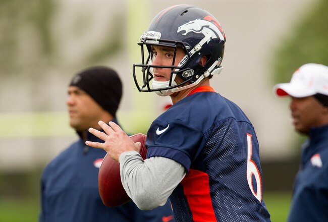 ENGLEWOOD, CO - MAY 11:  Quarterback Brock Osweiler #6 of the Denver Broncos throws the ball during rookie camp at Dove Valley on May 11, 2012 in Englewood, Colorado. (Photo by Justin Edmonds/Getty Images)