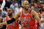 PHILADELPHIA, PA - MAY 10: Taj Gibson #22 and C.J. Watson #7 of the Chicago Bulls react to a technical foul during the game against the Philadelphia 76ers in Game Six of the Eastern Conference Quarterfinals in the 2012 NBA Playoffs at the Wells Fargo Center on May 10, 2012 in Philadelphia, Pennsylvania. NOTE TO USER: User expressly acknowledges and agrees that, by downloading and or using this photograph, User is consenting to the terms and conditions of the Getty Images License Agreement. (Photo by Drew Hallowell/Getty Images)