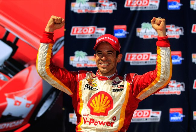 ST PETERSBURG, FL - MARCH 25:  Helio Castroneves of Brazil, driver of the #3 Shell V-Power/Pennzoil Ultra Team Penske celebrates winning the IZOD IndyCar Series Honda Grand Prix of St Petersburg on March 25, 2012 in St Petersburg, Florida.  (Photo by Chris Trotman/Getty Images)