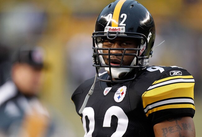 PITTSBURGH, PA - JANUARY 15:  Linebacker James Harrison #92 of the Pittsburgh Steelers warms up prior to playing the Baltimore Ravens in the AFC Divisional Playoff Game at Heinz Field on January 15, 2011 in Pittsburgh, Pennsylvania.  (Photo by Gregory Shamus/Getty Images)