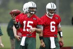 FLORHAM PARK, NJ - MAY 24:  Tim Tebow #15 and Mark Sanchez #6 of the New York Jets work out at an organized team activity at the New York Jets Atlantic Health Jets Training Center on May 24, 2012 in Florham Park, New Jersey.  (Photo by Jeff Zelevansky/Getty Images)
