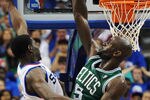 PHILADELPHIA, PA - MAY 23: Kevin Garnett #5 of the Boston Celtics tries to block a shot by Jrue Holiday #11 of the Philadelphia 76ers in Game Six of the Eastern Conference Semifinals in the 2012 NBA Playoffs at the Wells Fargo Center on May 23, 2012 in Philadelphia, Pennsylvania. NOTE TO USER: User expressly acknowledges and agrees that, by downloading and or using this photograph, User is consenting to the terms and conditions of the Getty Images License Agreement. (Photo by Drew Hallowell/Getty Images)