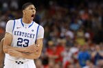 NEW ORLEANS, LA - MARCH 31:  Anthony Davis #23 of the Kentucky Wildcats reacts late in the second half against the Louisville Cardinals during the National Semifinal game of the 2012 NCAA Division I Men's Basketball Championship at the Mercedes-Benz Superdome on March 31, 2012 in New Orleans, Louisiana.  (Photo by Ronald Martinez/Getty Images)