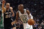 BOSTON, MA - JANUARY 05:  Ray Allen #20 of the Boston Celtics drives past Manu Ginobili #20 of the San Antonio Spurs on January 5, 2011 at the TD Garden in Boston, Massachusetts. NOTE TO USER: User expressly acknowledges and agrees that, by downloading and/or using this Photograph, User is consenting to the terms and conditions of the Getty Images License Agreement.  (Photo by Elsa/Getty Images)