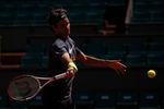 PARIS, FRANCE - MAY 25:  Roger Federer of Switzerland hits a forehand during a practice session ahead of the French Open at Roland Garros on May 25, 2012 in Paris, France.  (Photo by Dan Istitene/Getty Images)