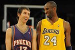 LOS ANGELES, CA - DECEMBER 10:  Steve Nash #13 of the Phoenix Suns laughs with Kobe Bryant #24 of the Los Angeles Lakers during the second half at the Staples Center on December, 10 2008 in Los Angeles, California.   NOTE TO USER: User expressly acknowledges and agrees that, by downloading and/or using this Photograph, user is consenting to the terms and conditions of the Getty Images License Agreement.  (Photo by Harry How/Getty Images)
