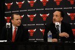 DEERFIELD, IL - JUNE 23: General Manager Gar Forman of the Chicago Bulls (L) announces that Tom Thibodeau, formally an assistant coach with the Boston Celtics, will become the new head coach of the Bulls during a press conference at the Berto Center practice facility on June 23, 2010 in Deerfield, Illinois. NOTE TO USER: User expressly acknowledges and agrees that, by downloading and/or using this Photograph, User is consenting to the terms and conditions of the Getty Images License Agreement. (Photo by Jonathan Daniel/Getty Images)