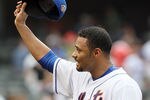 NEW YORK, NY - MAY 26:  Johan Santana #57 of the New York Mets tips his cap after his complete game shutout against the San Diego Padres at Citi Field on May 26, 2012 in the Flushing neighborhood of the Queens borough of New York City.  (Photo by Jim McIsaac/Getty Images)