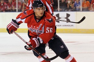 BALTIMORE, MD - SEPTEMBER 20:  Chris Bourque #56 of the Washington Capitals skates against the Nashville Predators at the 1st Mariner Arena on September 20, 2011 in Baltimore, Maryland. The Predators defeated the Capitals 2-0.  (Photo by Bruce Bennett/Getty Images)