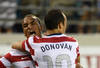 JACKSONVILLE, FL - MAY 26: Landon Donvoan #10 gets a congratulatory hug from teammate Terrence Boyd #18 after Donovan scored the first goal for Team USA against Team Scotland on May 26, 2012 at EverBank Field in Jacksonville, FL. (Photo by Gary Bogdon/Getty Images)