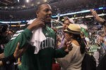 BOSTON, MA - MAY 26:  Paul Pierce #34 of the Boston Celtics reacts after defeating the Philadelphia 76ers, 85-75, in Game Seven of the Eastern Conference Semifinals during the 2012 NBA Playoffs on May 26, 2012 at TD Garden in Boston, Massachusetts. NOTE TO USER: User expressly acknowledges and agrees that, by downloading and or using this photograph, User is consenting to the terms and conditions of the Getty Images License Agreement. (Photo by Jim Rogash/Getty Images)