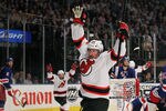 NEW YORK, NY - MAY 23:  Ryan Carter #20 of the New Jersey Devils celebrates his third period goal in Game Five of the Eastern Conference Final against the New York Rangers during the 2012 NHL Stanley Cup Playoffs at Madison Square Garden on May 23, 2012 in New York City.  (Photo by Bruce Bennett/Getty Images)