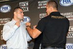 HOLLYWOOD, CA - SEPTEMBER 20:  (L-R) UFC Fighters Cain Velasquez and Junior dos Santos square off for the cameras during the UFC on Fox: Velasquez v Dos Santos - Press Conference at W Hollywood on September 20, 2011 in Hollywood, California.  (Photo by Victor Decolongon/Getty Images)