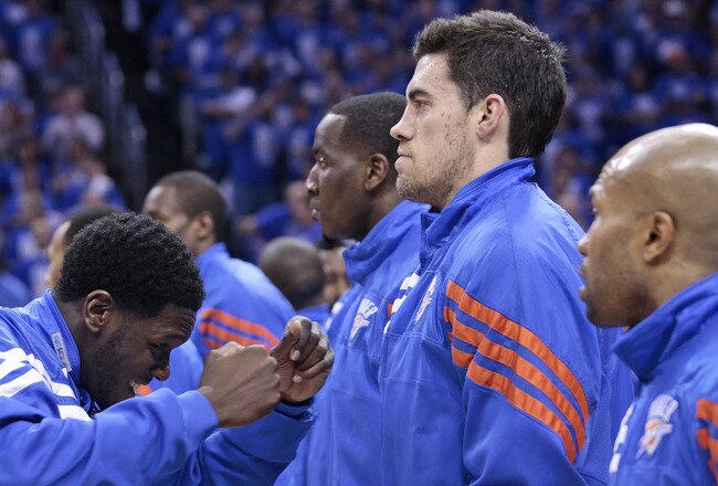 OKLAHOMA CITY, OK - MAY 14: Royal Ivey #7 of the Oklahoma City Thunder celebrates with Nick Collison #4 of the Oklahoma City Thunder before playing against the Los Angeles Lakers in Game One of the Western Conference Semifinals in the 2012 NBA Playoffs on May 14, 2012 at the Chesapeake Energy Arena in Oklahoma City, Oklahoma. Oklahoma City defeated Los Angeles 119-90. NOTE TO USER: User expressly acknowledges and agrees that, by downloading and or using the photograph, User is consenting to the terms and conditions of the Getty Images License Agreement. (Photo by Brett Deering/Getty Images)