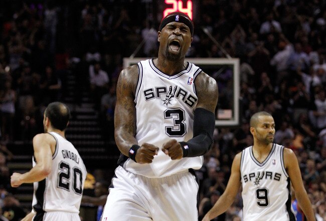 SAN ANTONIO, TX - MAY 27:  Stephen Jackson #3 of the San Antonio Spurs reacts in the fourth quarter while taking on the Oklahoma City Thunder in Game One of the Western Conference Finals of the 2012 NBA Playoffs at AT&T Center on May 27, 2012 in San Antonio, Texas. NOTE TO USER: User expressly acknowledges and agrees that, by downloading and or using this photograph, user is consenting to the terms and conditions of the Getty Images License Agreement.  (Photo by Tom Pennington/Getty Images)