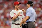 ST LOUIS, MO - OCTOBER 05:  Roy Oswalt #44 of the Philadelphia Phillies talks with home plate umpire Angel Hernandez after a squirrel ran across home in the fifth inning against the St. Louis Cardinals in Game Four of the National League Division Series at Busch Stadium on October 5, 2011 in St Louis, Missouri.  (Photo by Jamie Squire/Getty Images)