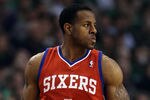 BOSTON, MA - MAY 21:  Andre Iguodala #9 of the Philadelphia 76ers reacts in the second half against the Boston Celtics in Game Five of the Eastern Conference Semifinals in the 2012 NBA Playoffs on May 21, 2012 at TD Garden in Boston, Massachusetts. NOTE TO USER: User expressly acknowledges and agrees that, by downloading and or using this photograph, User is consenting to the terms and conditions of the Getty Images License Agreement.  (Photo by Elsa/Getty Images)