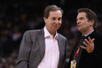 OAKLAND, CA - MARCH 27:  Golden State Warriors co-owners Joe Lacob (L) and Peter Guber talk during the Warriors game against the Los Angeles Lakers at Oracle Arena on March 27, 2012 in Oakland, California. NOTE TO USER: User expressly acknowledges and agrees that, by downloading and or using this photograph, User is consenting to the terms and conditions of the Getty Images License Agreement.  (Photo by Ezra Shaw/Getty Images)
