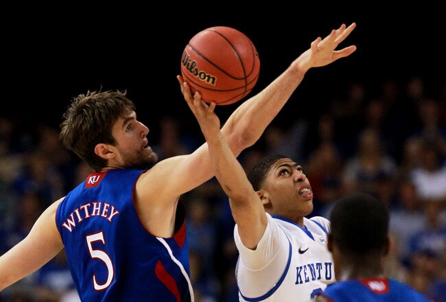 NEW ORLEANS, LA - APRIL 02:  Terrence Jones #3 of the Kentucky Wildcats goes up for a shot in front of Jeff Withey #5 of the Kansas Jayhawks in the National Championship Game of the 2012 NCAA Division I Men's Basketball Tournament at the Mercedes-Benz Superdome on April 2, 2012 in New Orleans, Louisiana.  (Photo by Ronald Martinez/Getty Images)
