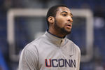 HARTFORD, CT - JANUARY 29:  Andre Drummond #12 of the Connecticut Huskies looks on before the game against the Notre Dame Fighting Irish on January 29, 2012 at the XL Center in Hartford, Connecticut.  (Photo by Elsa/Getty Images)