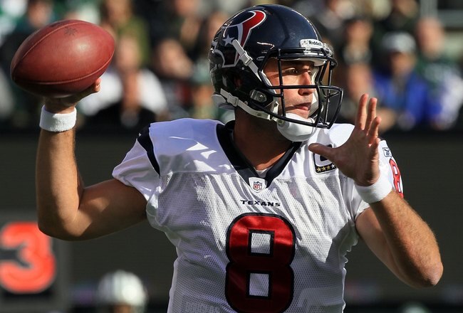 EAST RUTHERFORD, NJ - NOVEMBER 21:  Matt Schaub #8 of the Houston Texans in action against the New York Jets on November 21, 2010 at the New Meadowlands Stadium in East Rutherford, New Jersey.  (Photo by Jim McIsaac/Getty Images)