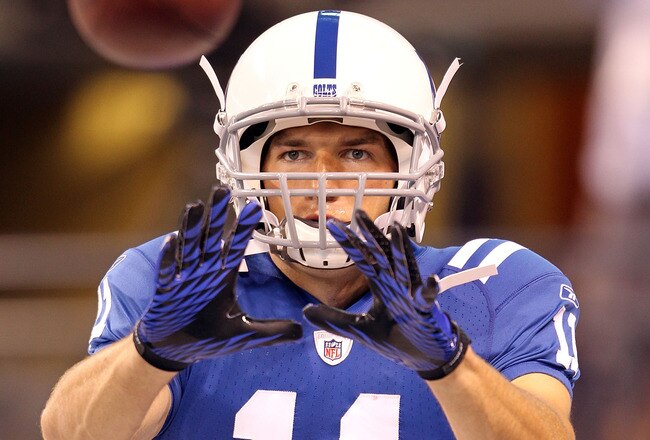 INDIANAPOLIS - SEPTEMBER 02:  Anthony Gonzalez #11 of the Indianapolis Colts catches a pass before the NFL preseason game against the Cincinnati Bengals at Lucas Oil Stadium on September 2, 2010 in Indianapolis, Indiana.  (Photo by Andy Lyons/Getty Images)