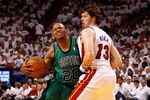 MIAMI, FL - MAY 28:  Ray Allen #20 of the Boston Celtics drives in the first half against Mike Miller #13 of the Miami Heat in Game One of the Eastern Conference Finals in the 2012 NBA Playoffs on May 28, 2012 at American Airlines Arena in Miami, Florida.  NOTE TO USER: User expressly acknowledges and agrees that, by downloading and or using this photograph, User is consenting to the terms and conditions of the Getty Images License Agreement.  (Photo by Mike Ehrmann/Getty Images)
