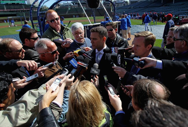 CHICAGO, IL - APRIL 05: Theo Epstein, President of baseball operations for the Chicago Cubs, speaks with the media before the opening day game against the Washington Nationals at Wrigley Field on April 5, 2012 in Chicago, Illinois.  (Photo by Jonathan Daniel/Getty Images)