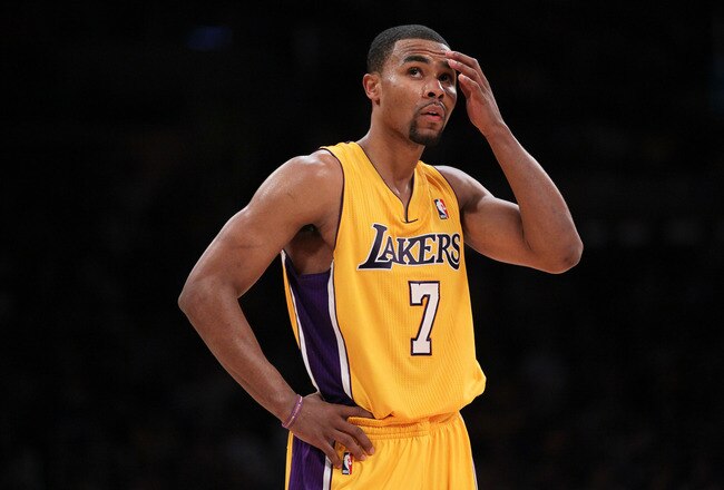 LOS ANGELES, CA - MAY 08:  Ramon Sessions #7 of the Los Angeles Lakers reacts in the fourt quarter as the Lakers take on the Denver Nuggets in Game Five of the Western Conference Quarterfinals in the 2012 NBA Playoffs on May 8, 2012 at Staples Center in Los Angeles, California. NOTE TO USER: User expressly acknowledges and agrees that, by downloading and or using this photograph, User is consenting to the terms and conditions of the Getty Images License Agreement.  (Photo by Jeff Gross/Getty Images)