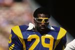 ANAHEIM, CA - OCTOBER 19:  Running back Eric Dickerson #28 of the Los Angeles Rams looks on during the game against the Detroit Lions at Anaheim Stadium on October 19, 1986 in Anaheim, California.   The Rams won 14-10. (Photo by George Rose/Getty Images)