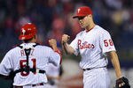 PHILADELPHIA, PA - MAY 14: Jonathan Papelbon #58 and Carlos Ruiz #51 of the Philadelphia Phillies celebrate a 5-1 victory over the Houston Astros at Citizens Bank Park on May 14, 2012 in Philadelphia, Pennsylvania. (Photo by Drew Hallowell/Getty Images)