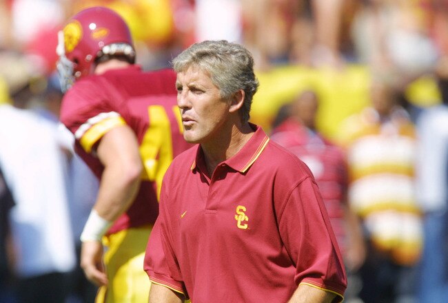 1 Sep 2001:  USC head coach Pete Carroll watches his team warm up for their game with San Jose State at the Los Angeles Coliseum in Los Angeles California. USC won 21-10. DIGITAL IMAGE.  Mandatory Credit:  Stephen Dunn/Allsport.